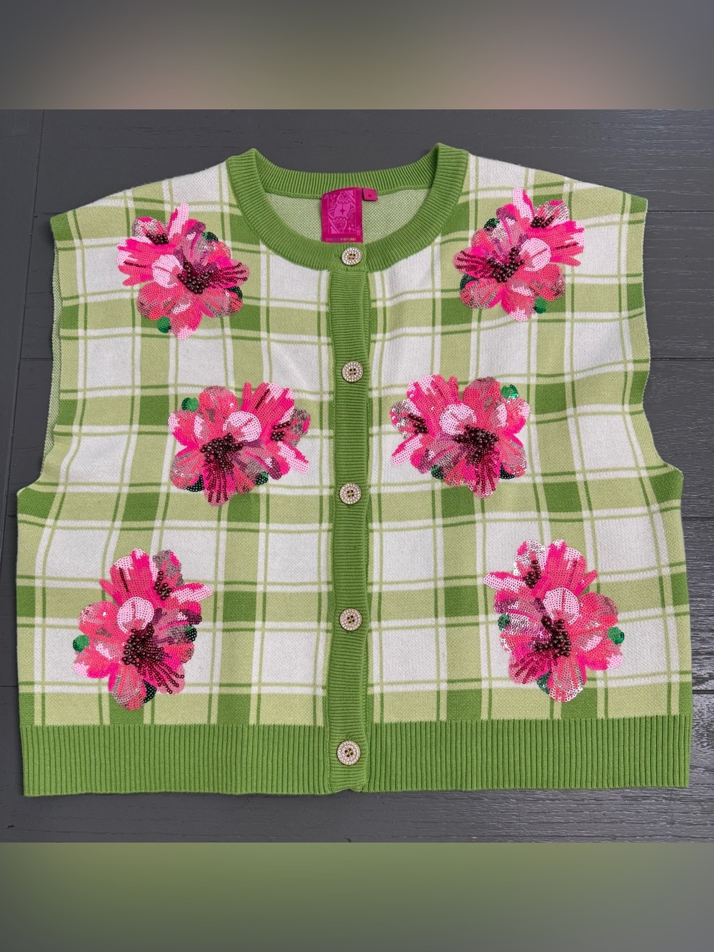 QUEEN OF SPARKLES Green Plaid Button-Down Azalea Vest